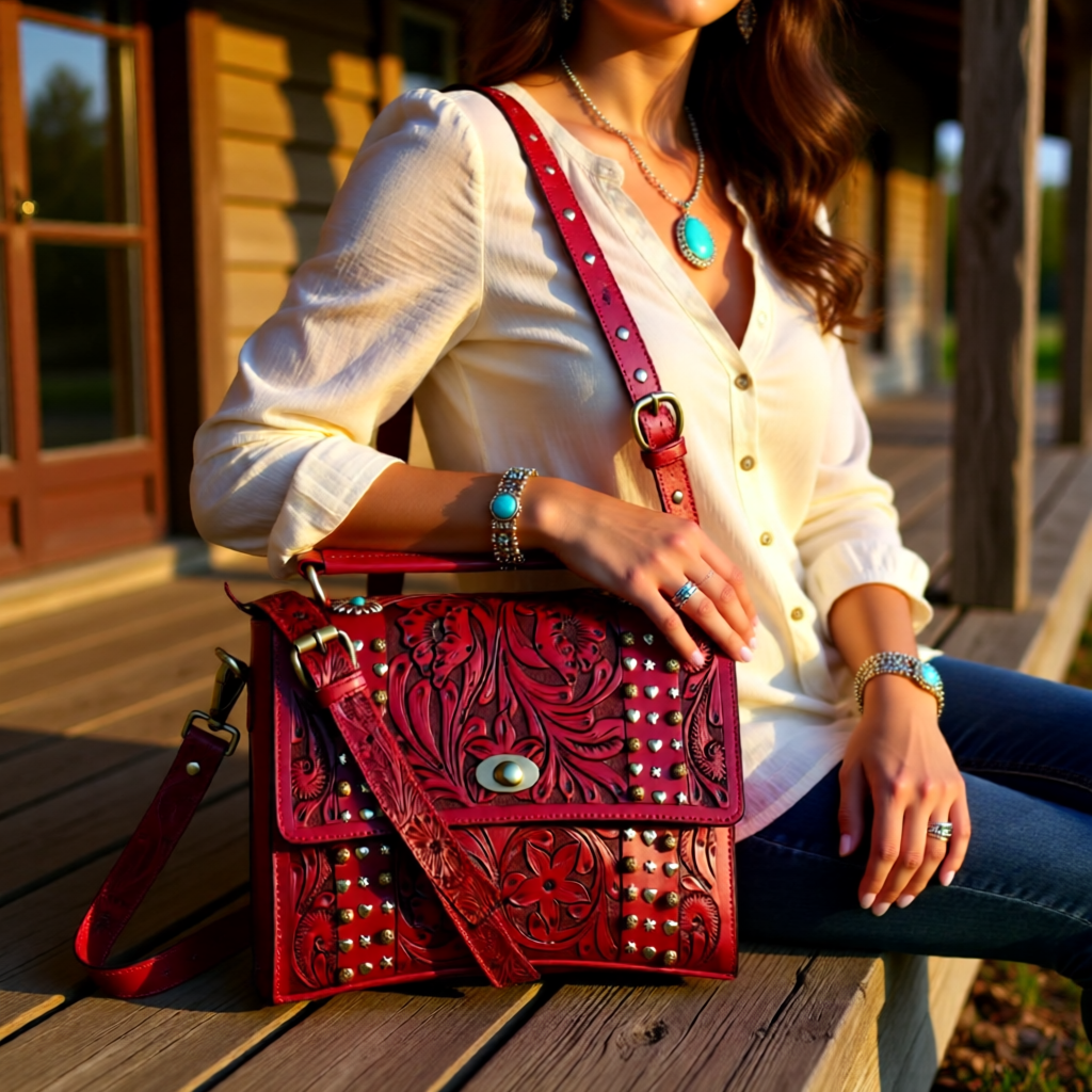 Lone Star Romance Tooled Leather Messenger Bag