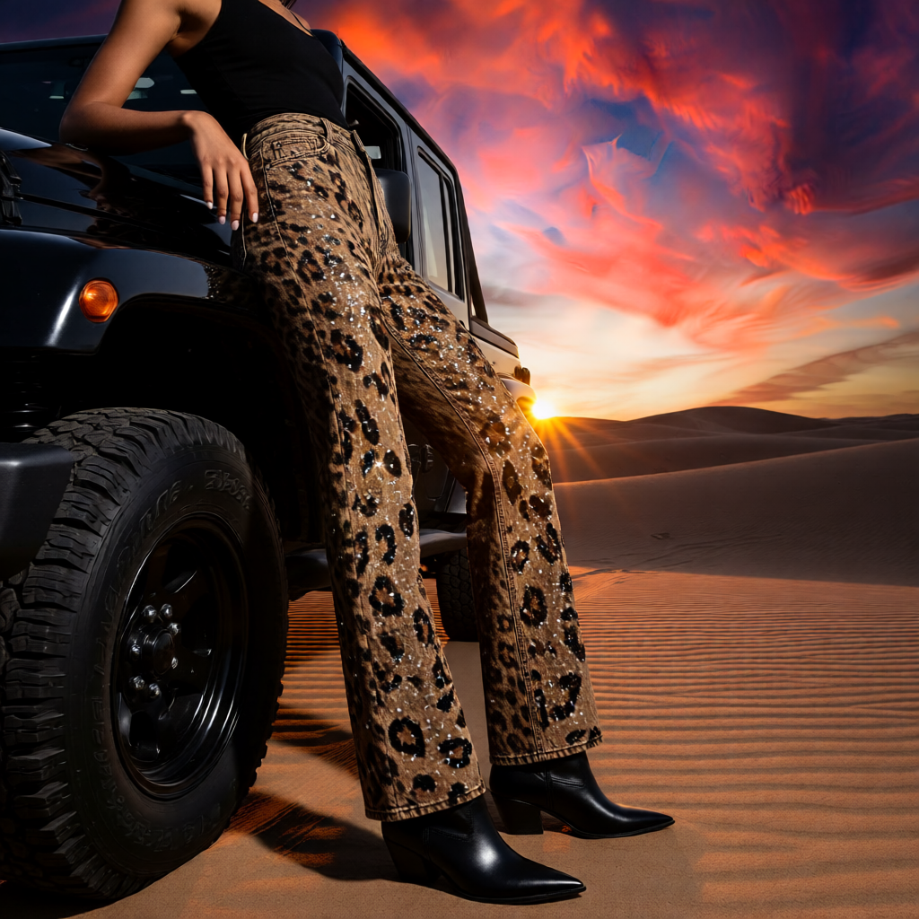 The Delilah Leopard Crystal Denim Jeans