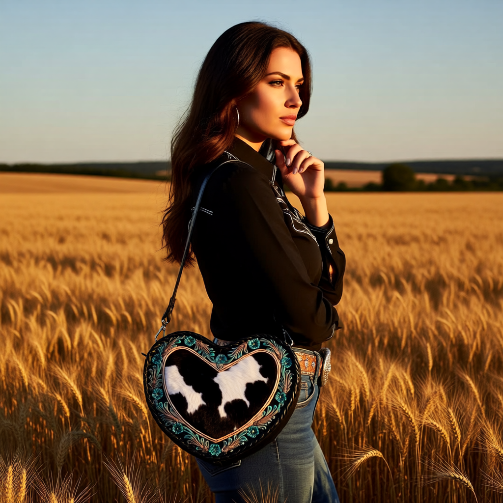 Midnight Heart Cowhide Crossbody Bag with Adjustable Strap