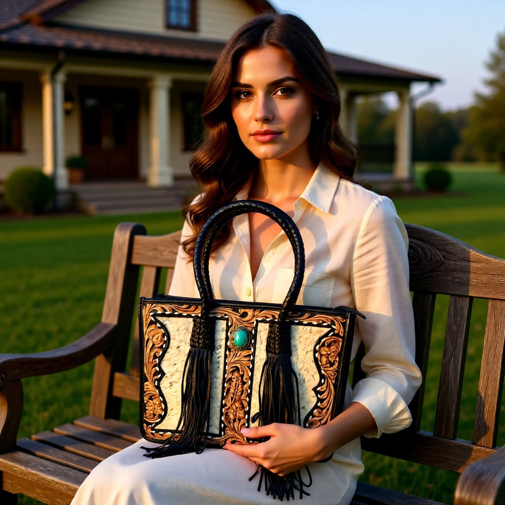 Scarlet Rodeo Hand-Tooled Leather & Cowhide Fringe Tote Bag