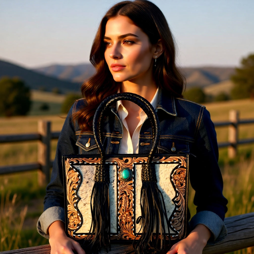 Scarlet Rodeo Hand-Tooled Leather & Cowhide Fringe Tote Bag