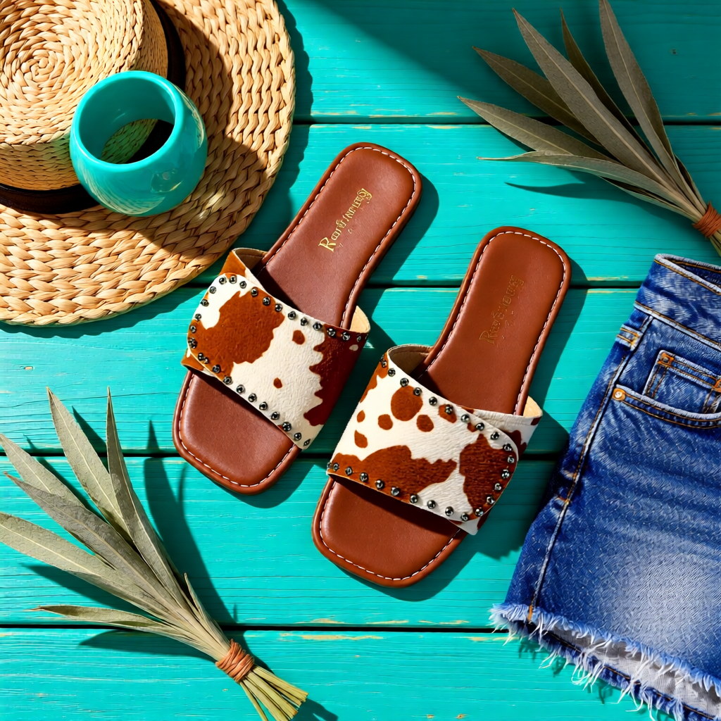 Rodeo Belle Cowhide Flat Slide Sandals