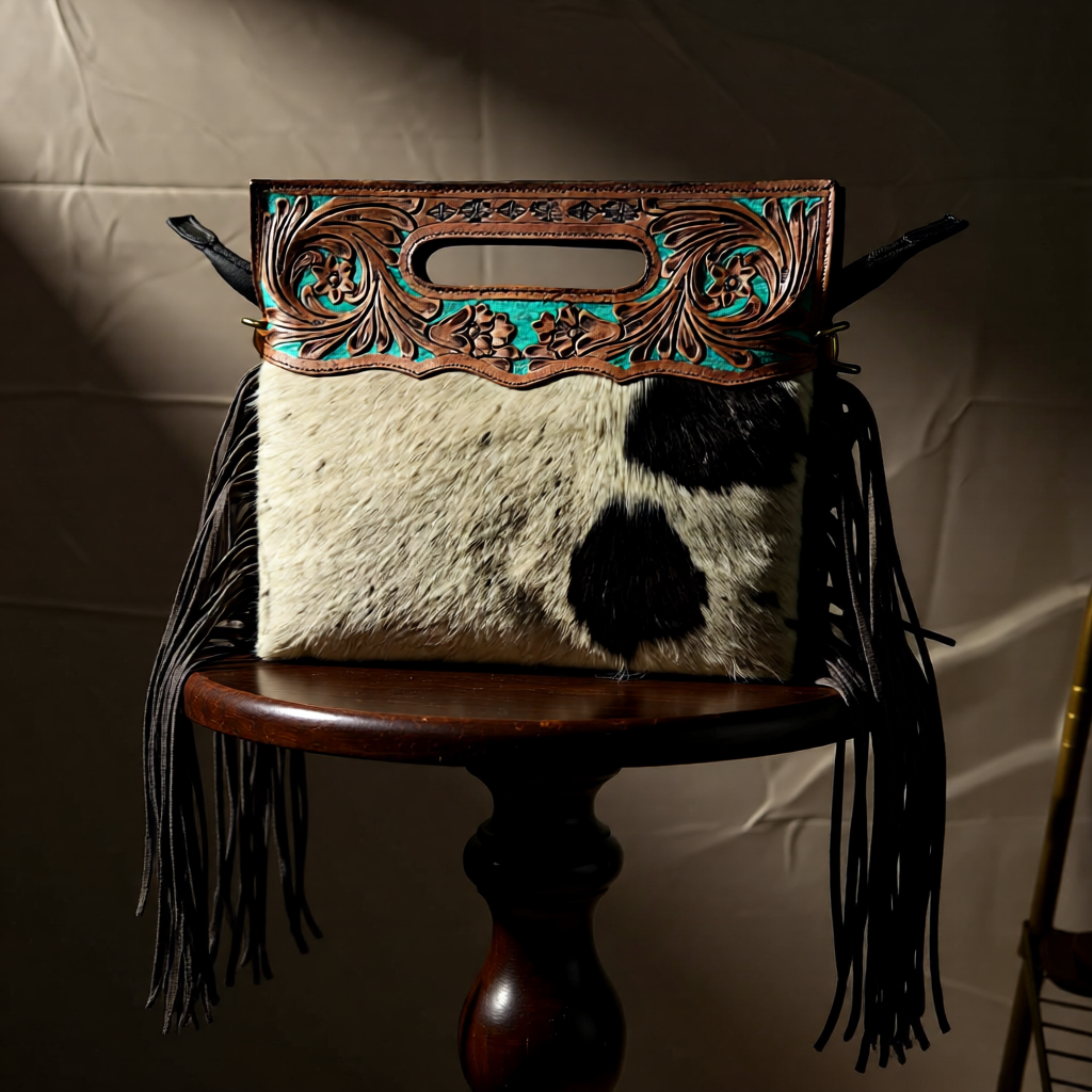 The Turquoise Temptress – Cowhide & Tooled Leather Fringe Bag