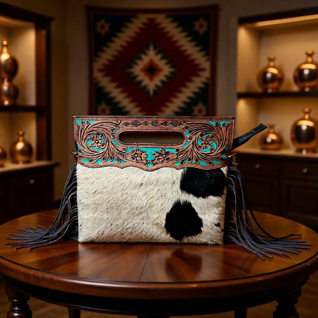 The Turquoise Temptress – Cowhide & Tooled Leather Fringe Bag