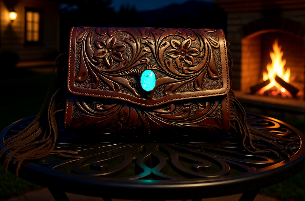 The Sedona Jewel – Tooled Leather Fringe Clutch