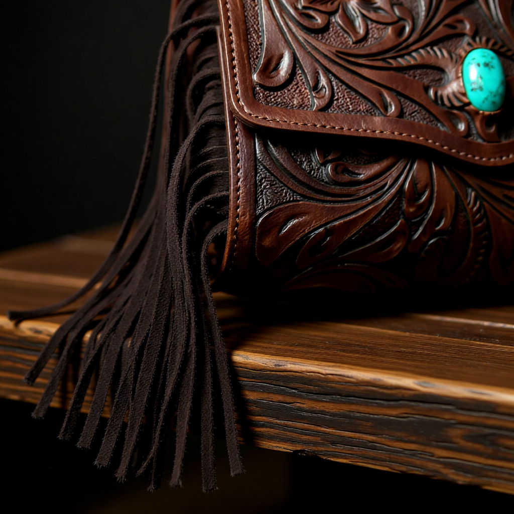 The Sedona Jewel – Tooled Leather Fringe Clutch