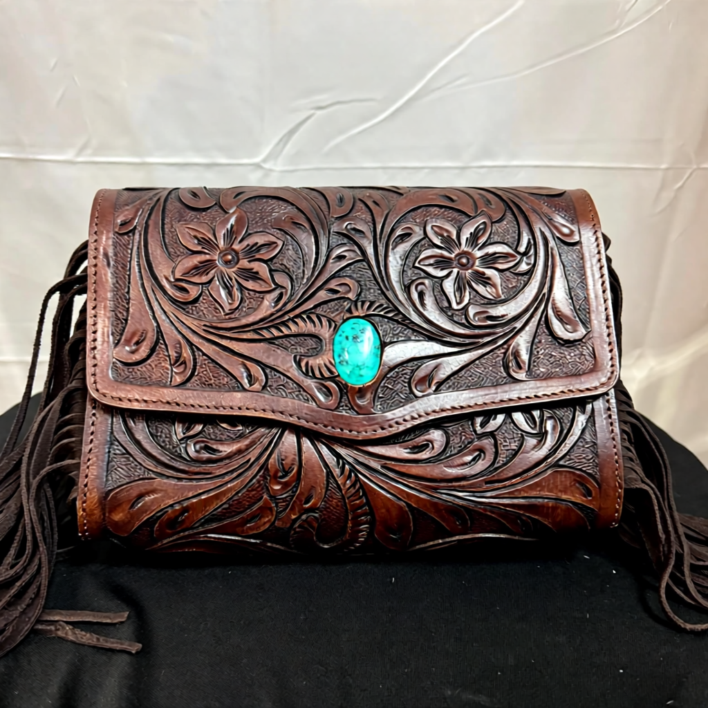 The Sedona Jewel – Tooled Leather Fringe Clutch