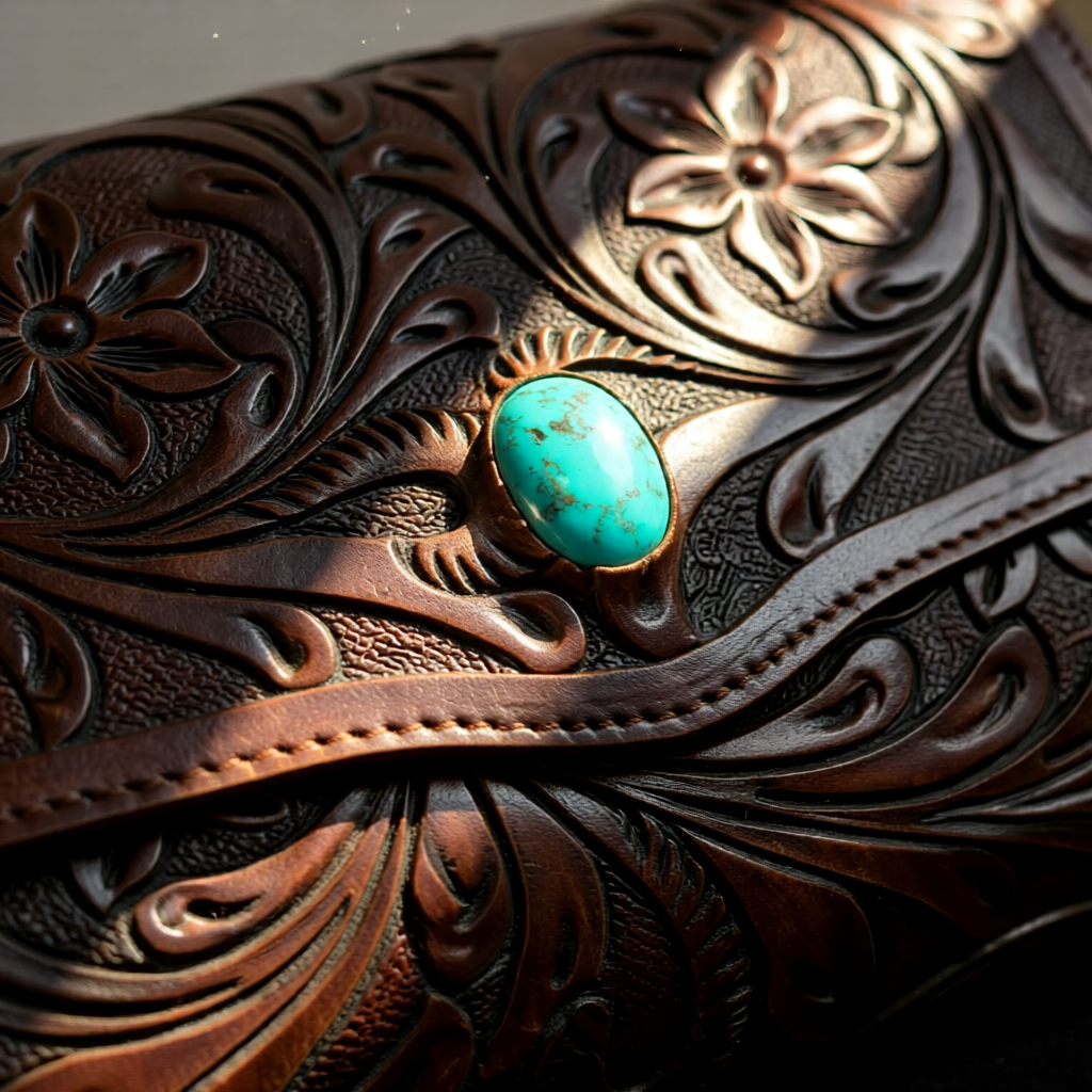 The Sedona Jewel – Tooled Leather Fringe Clutch
