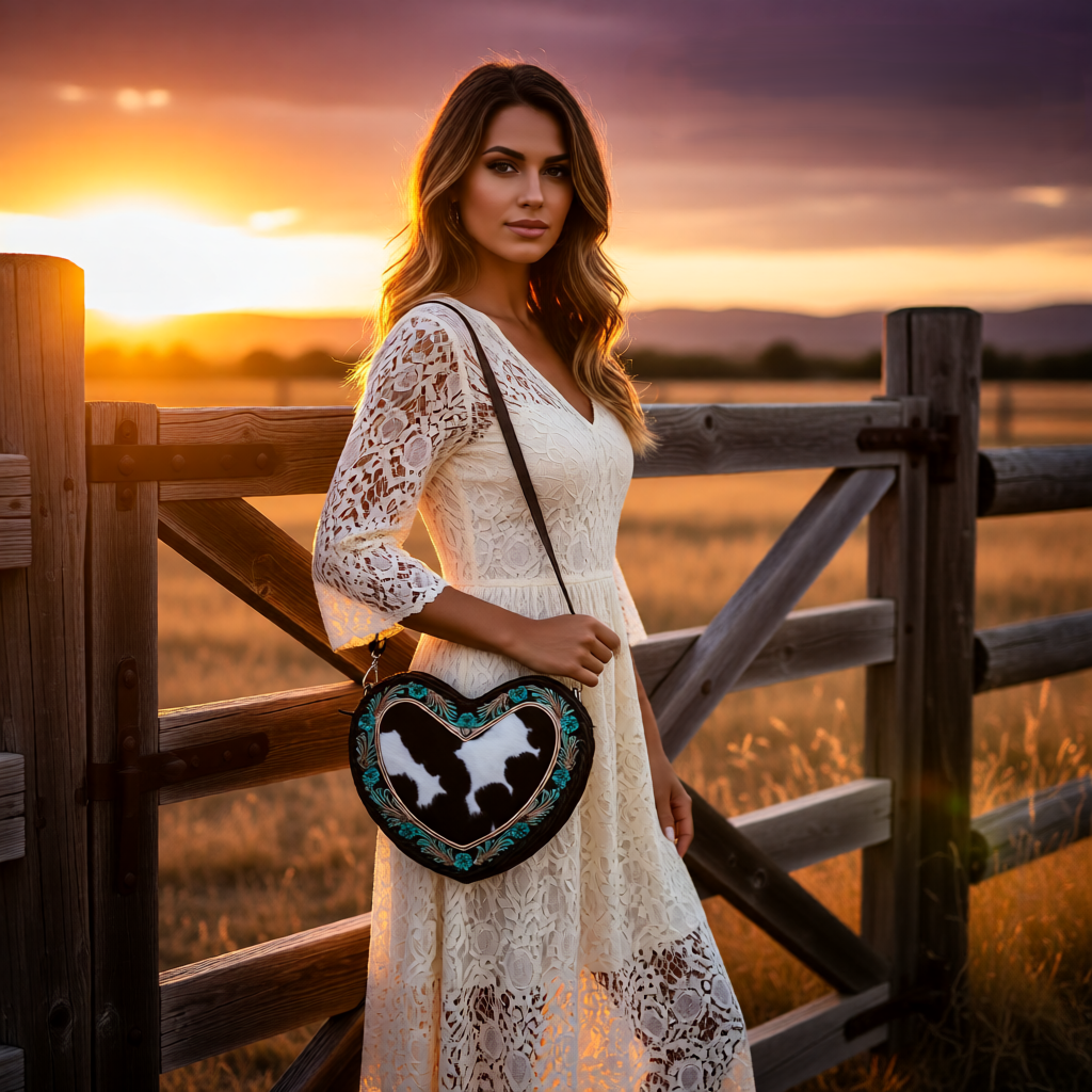 Midnight Heart Cowhide Crossbody Bag with Adjustable Strap