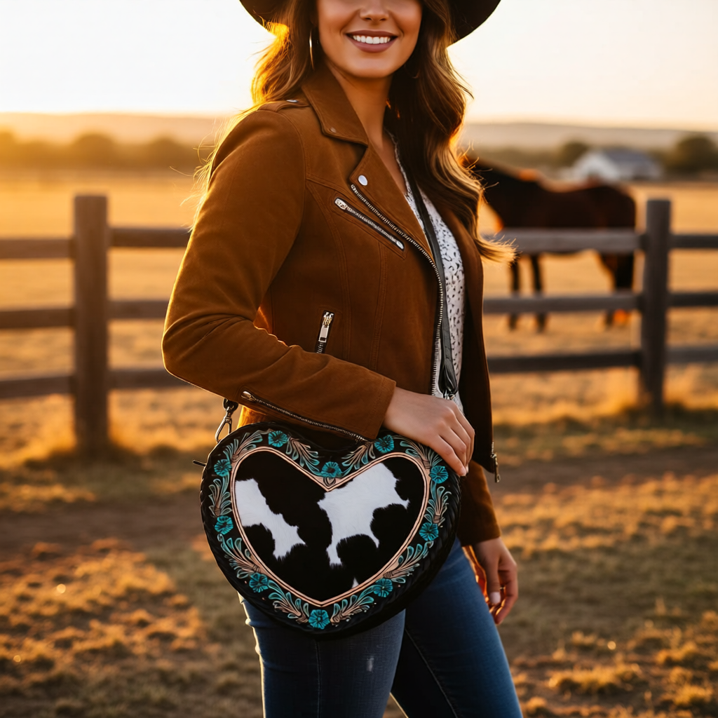 Midnight Heart Cowhide Crossbody Bag with Adjustable Strap