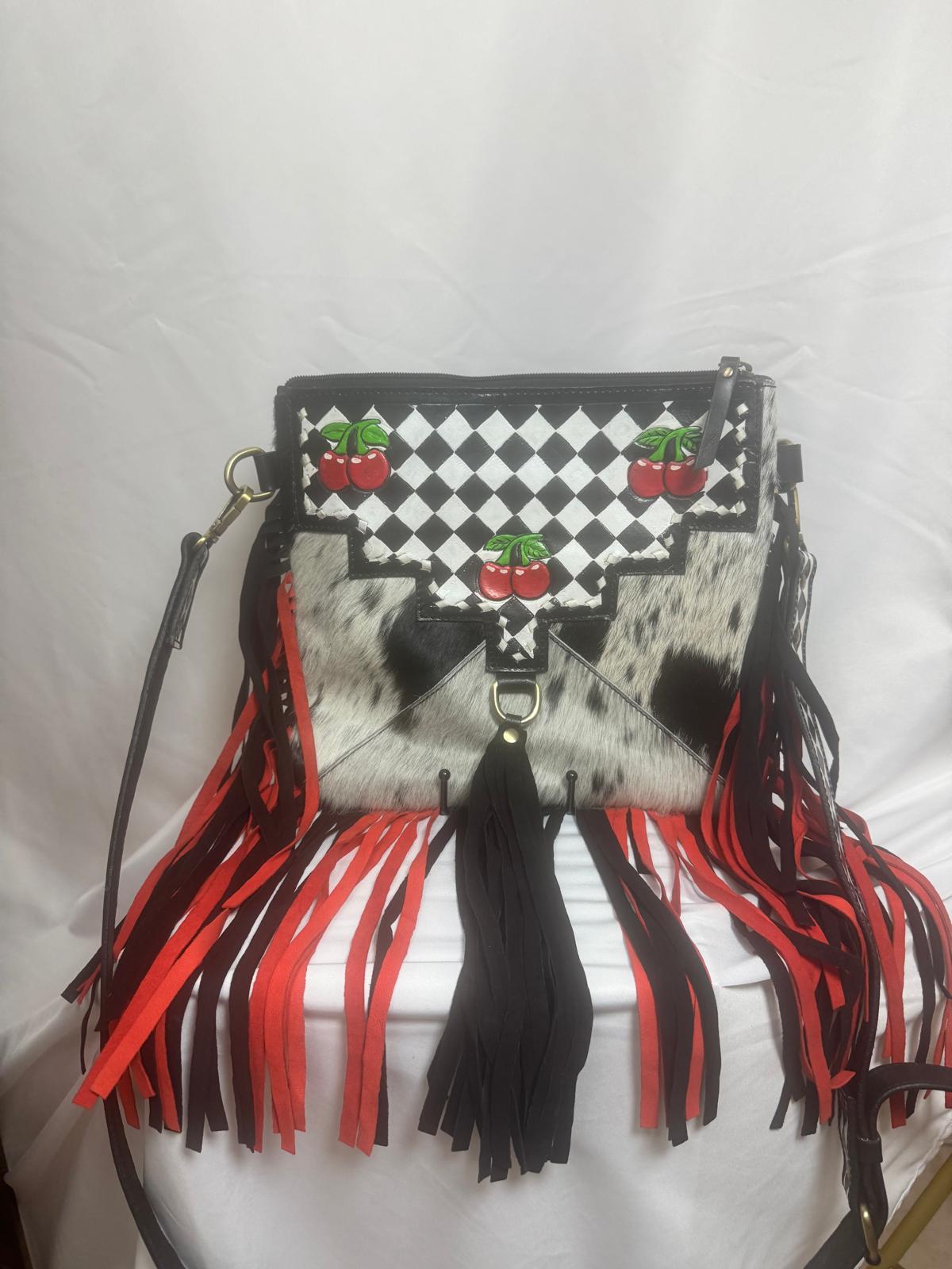 Cherry Diamond Hide & Hand-Painted Fringe Crossbody