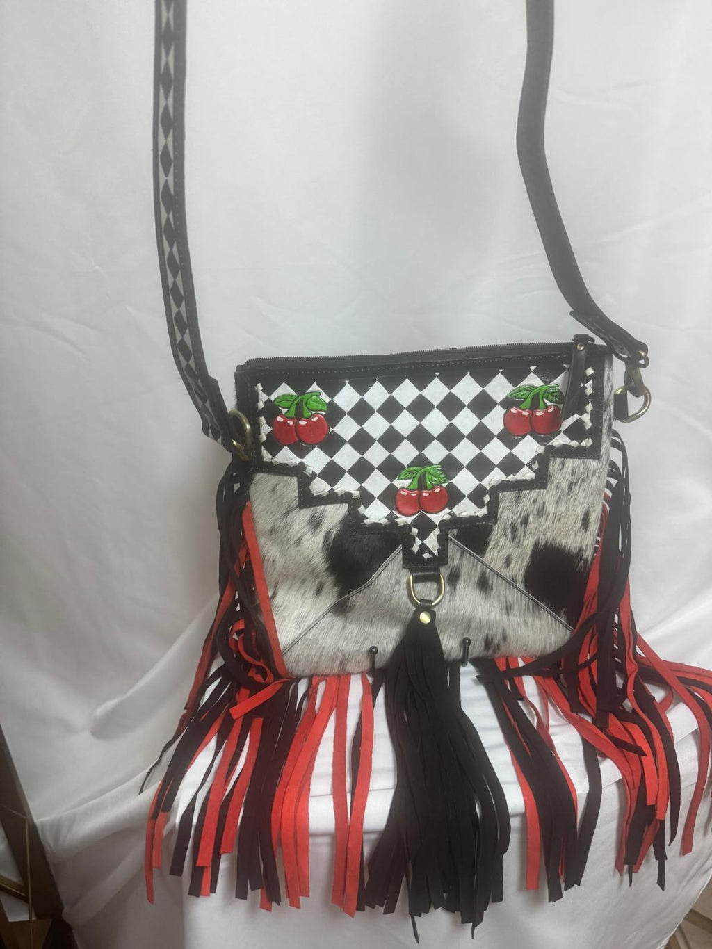 Cherry Diamond Hide & Hand-Painted Fringe Crossbody
