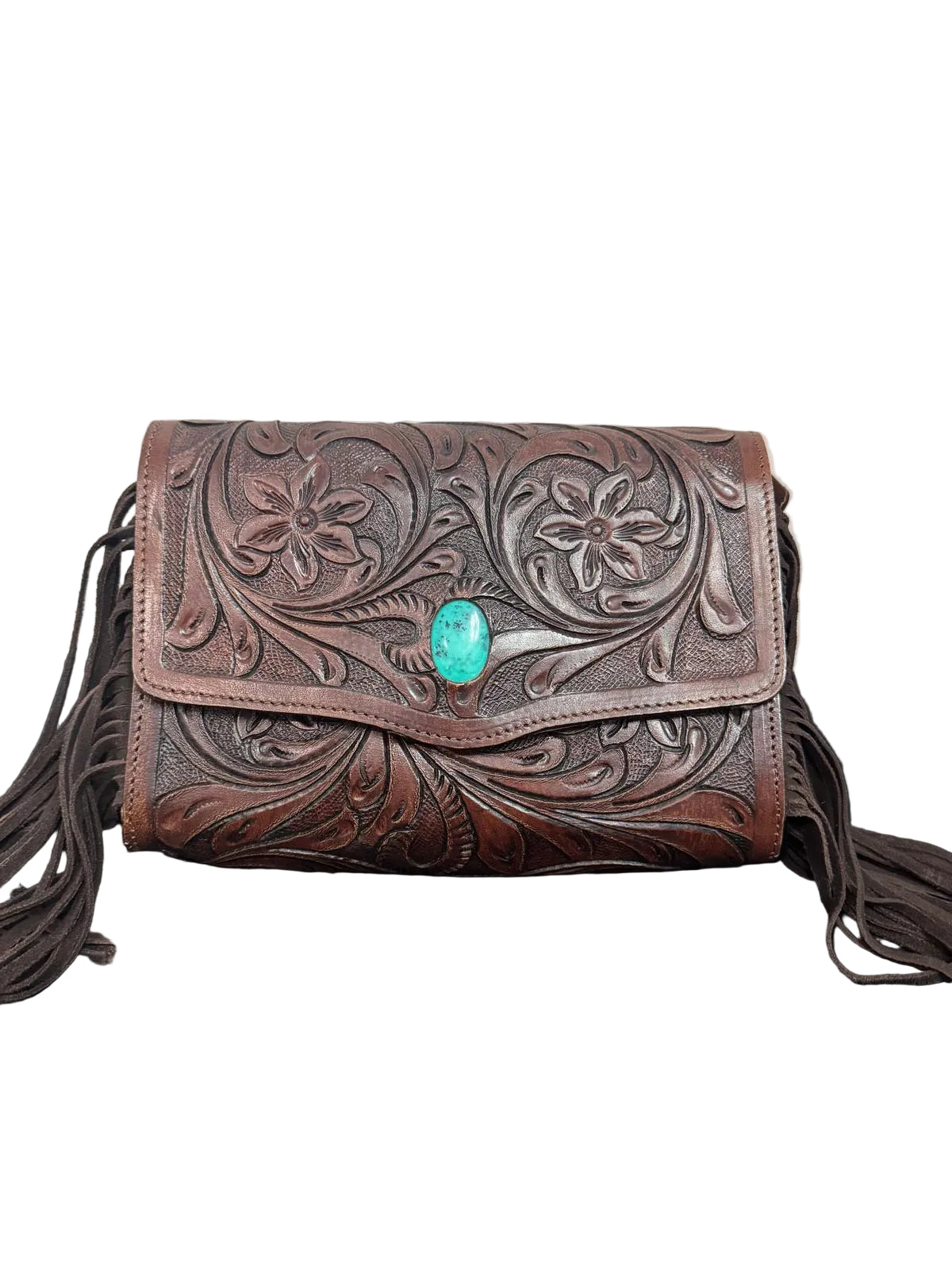 The Sedona Jewel – Tooled Leather Fringe Clutch