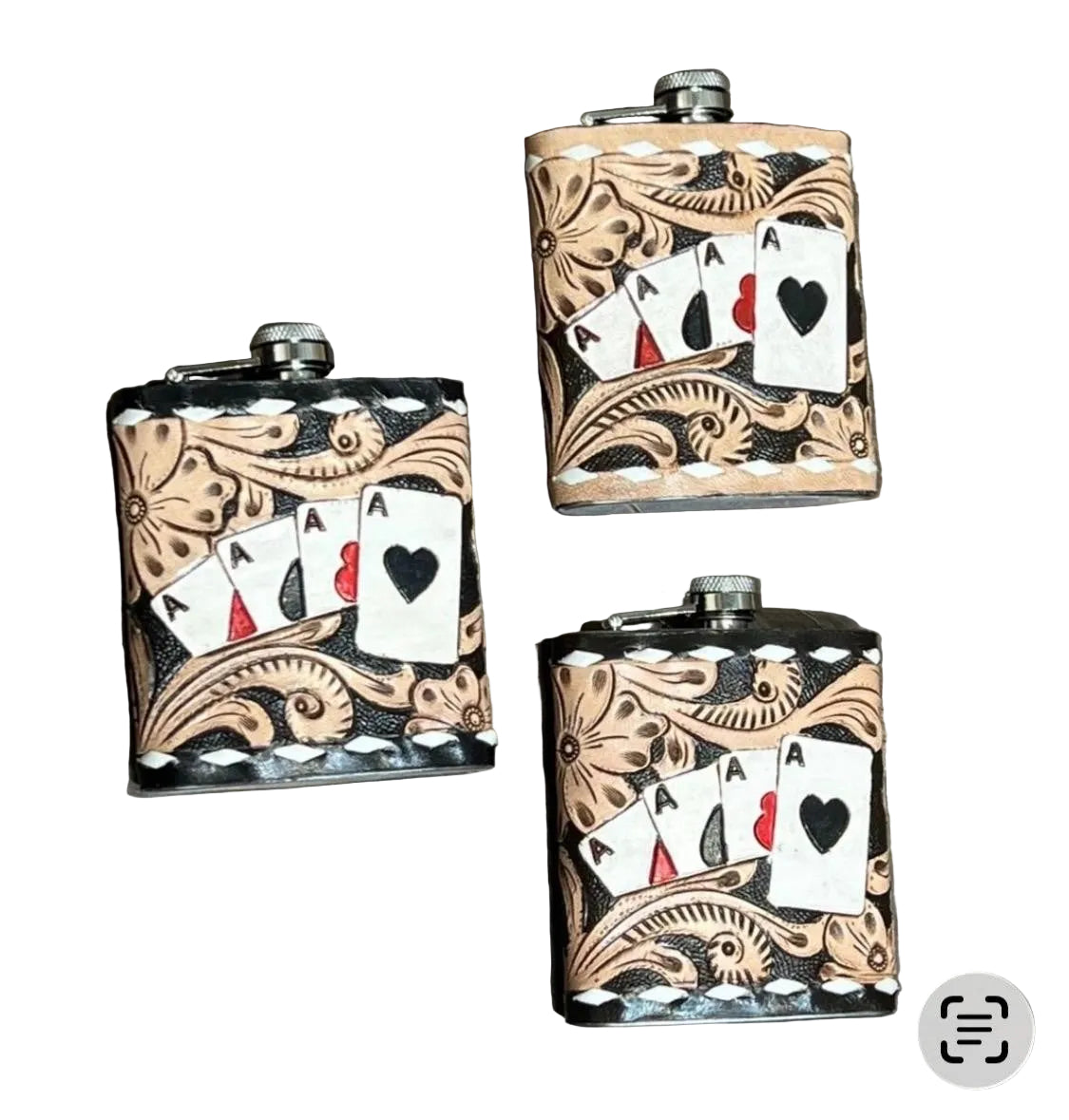 High Stakes Tooled Leather Flask with Ace Card Design