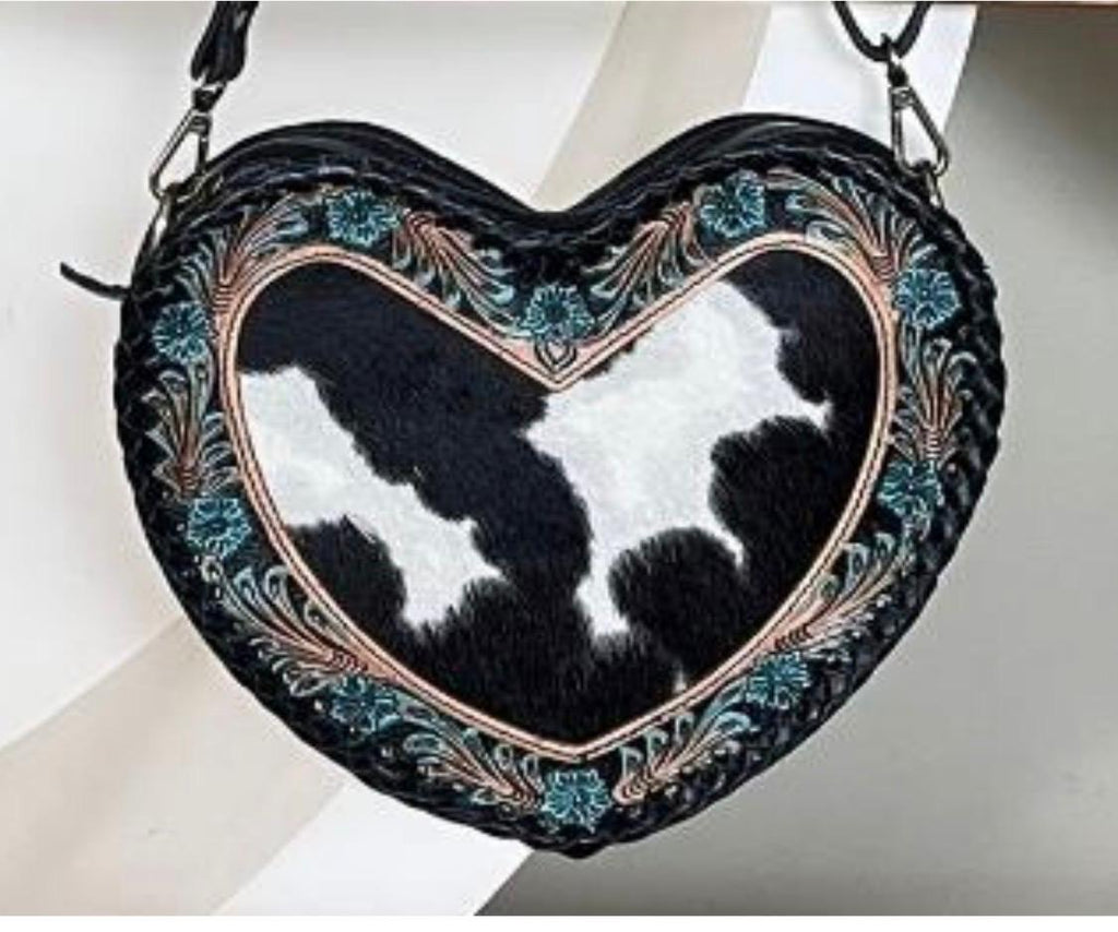 Midnight Heart Cowhide Crossbody Bag with Adjustable Strap