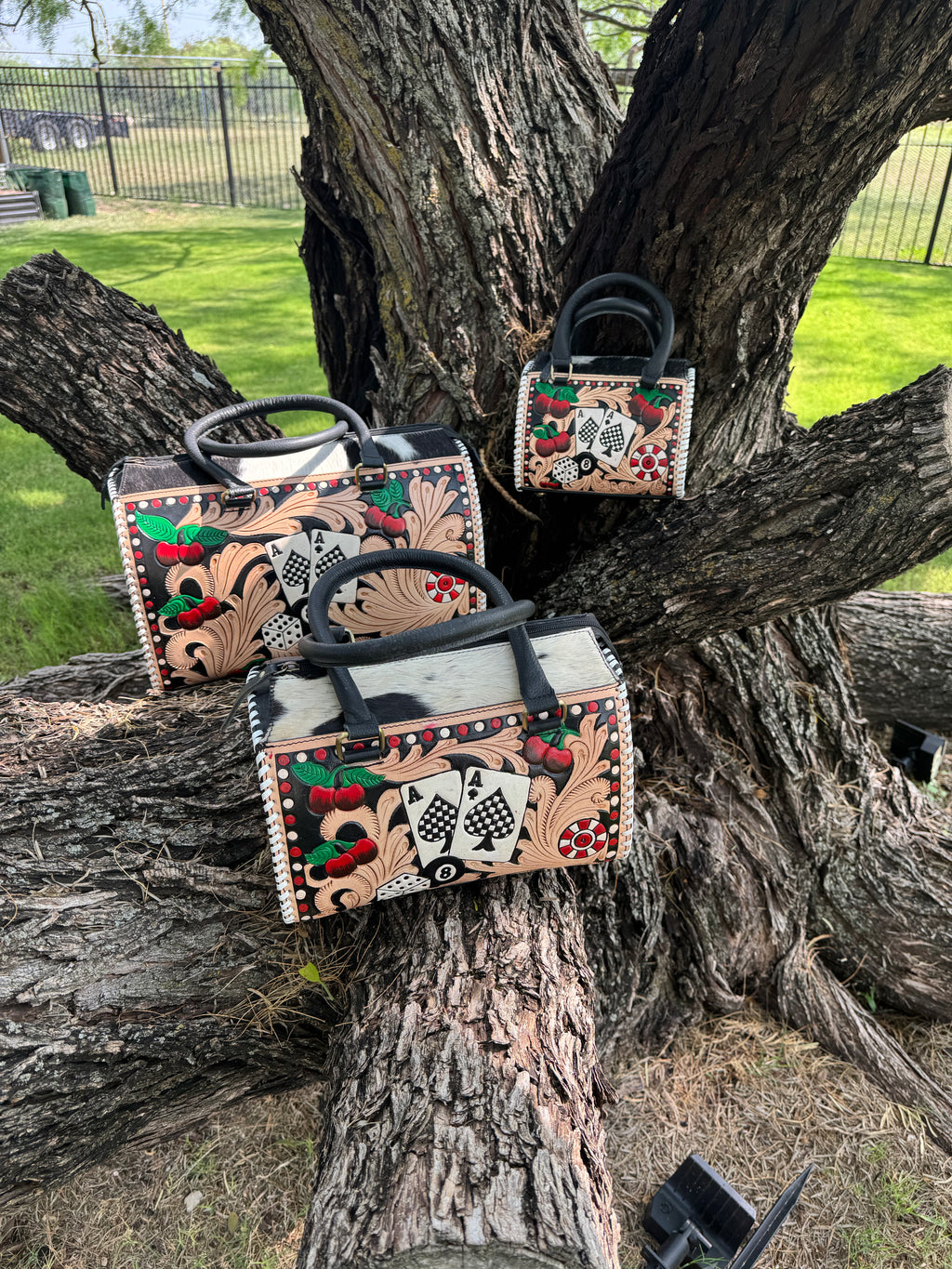 The Cherry Jackpot Bag – Hand-Tooled Cowhide Handbag