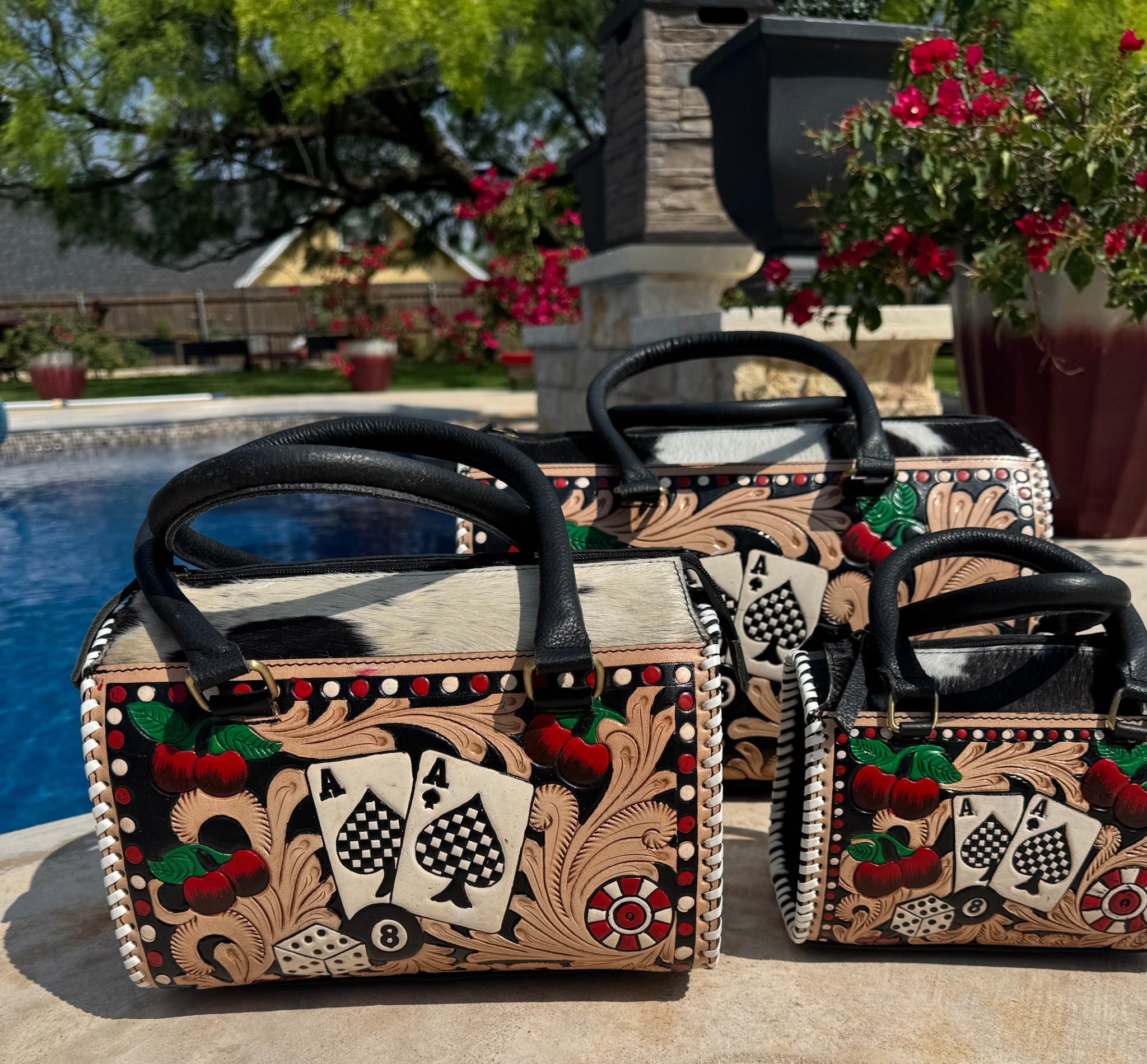 The Cherry Jackpot Bag – Hand-Tooled Cowhide Handbag