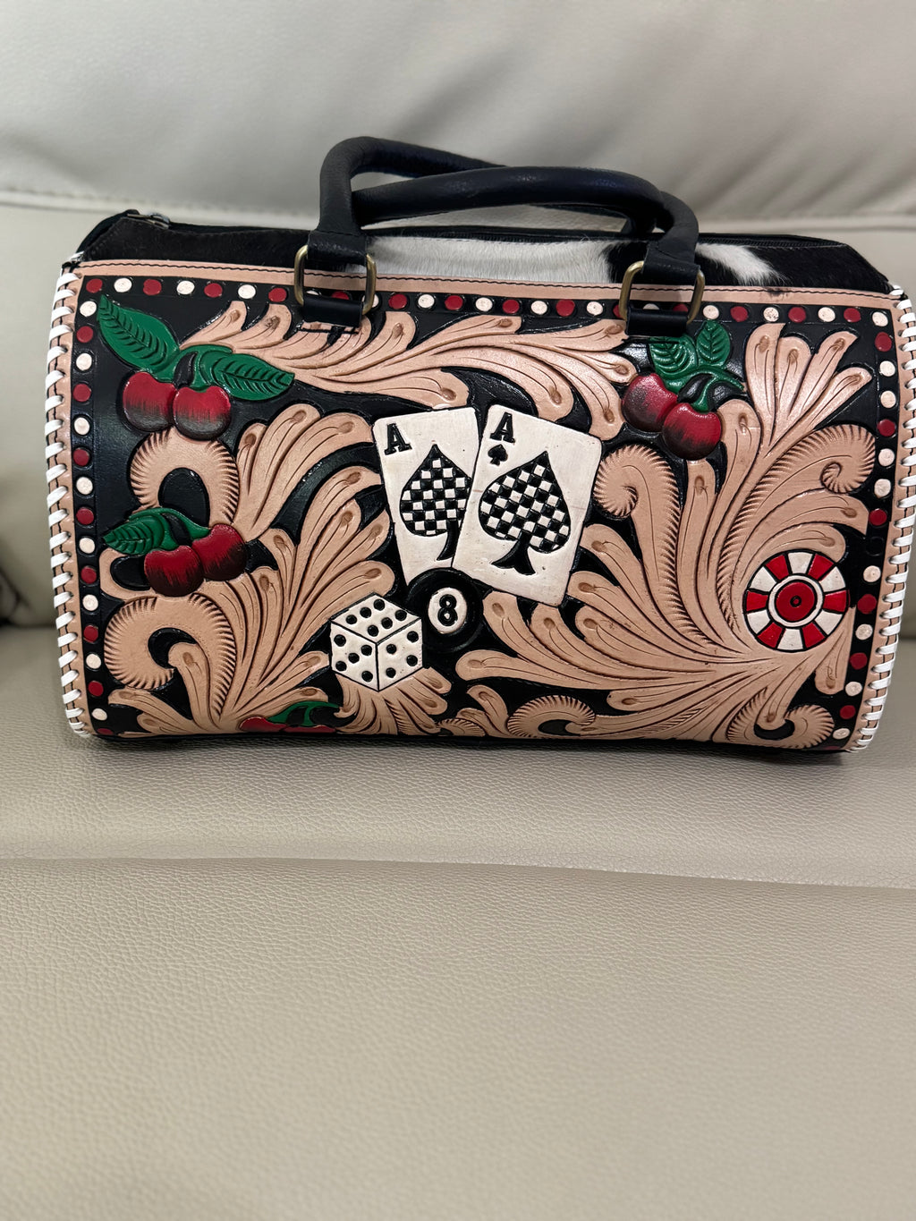 The Cherry Jackpot Bag – Hand-Tooled Cowhide Handbag