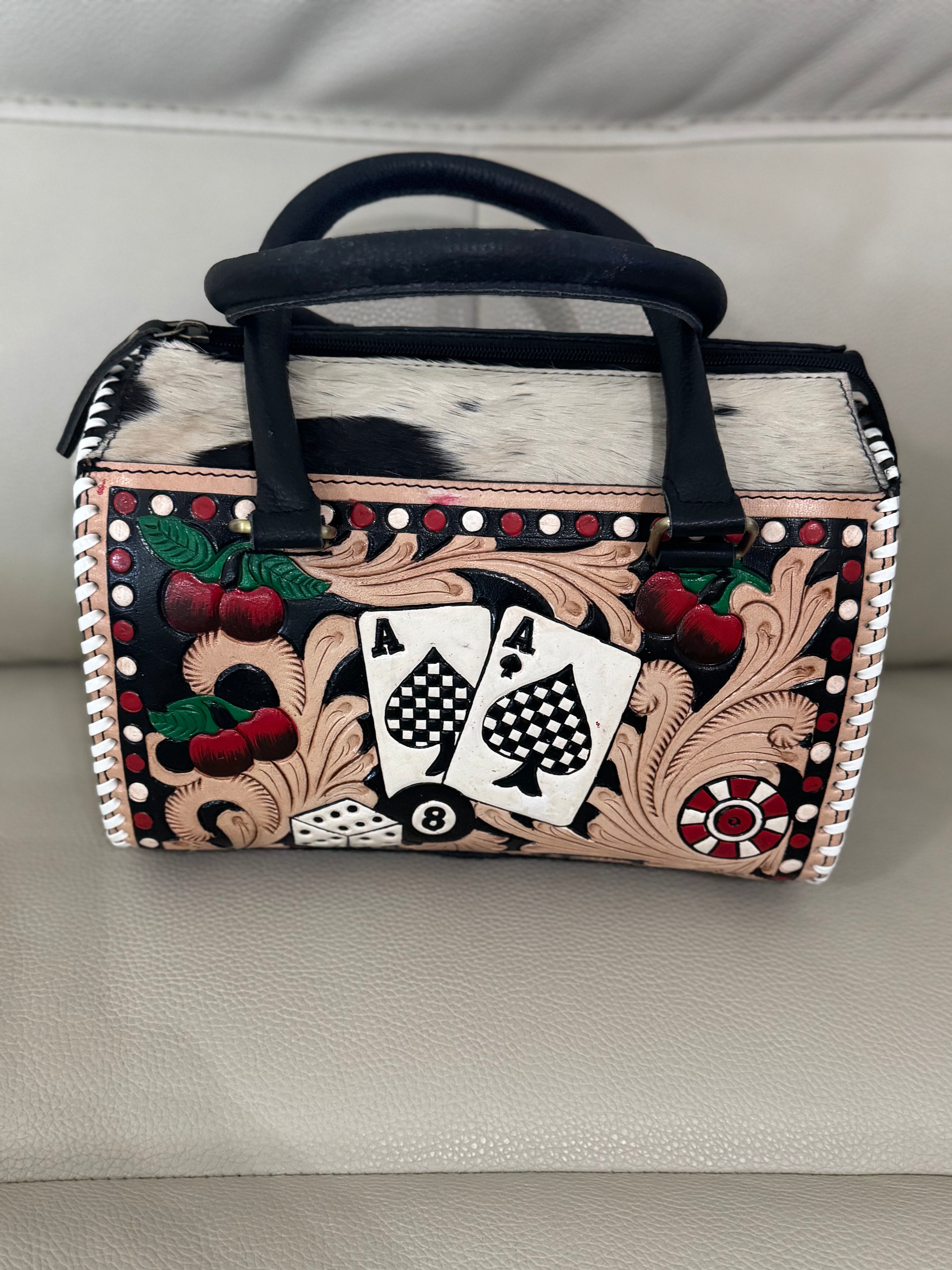 The Cherry Jackpot Bag – Hand-Tooled Cowhide Handbag