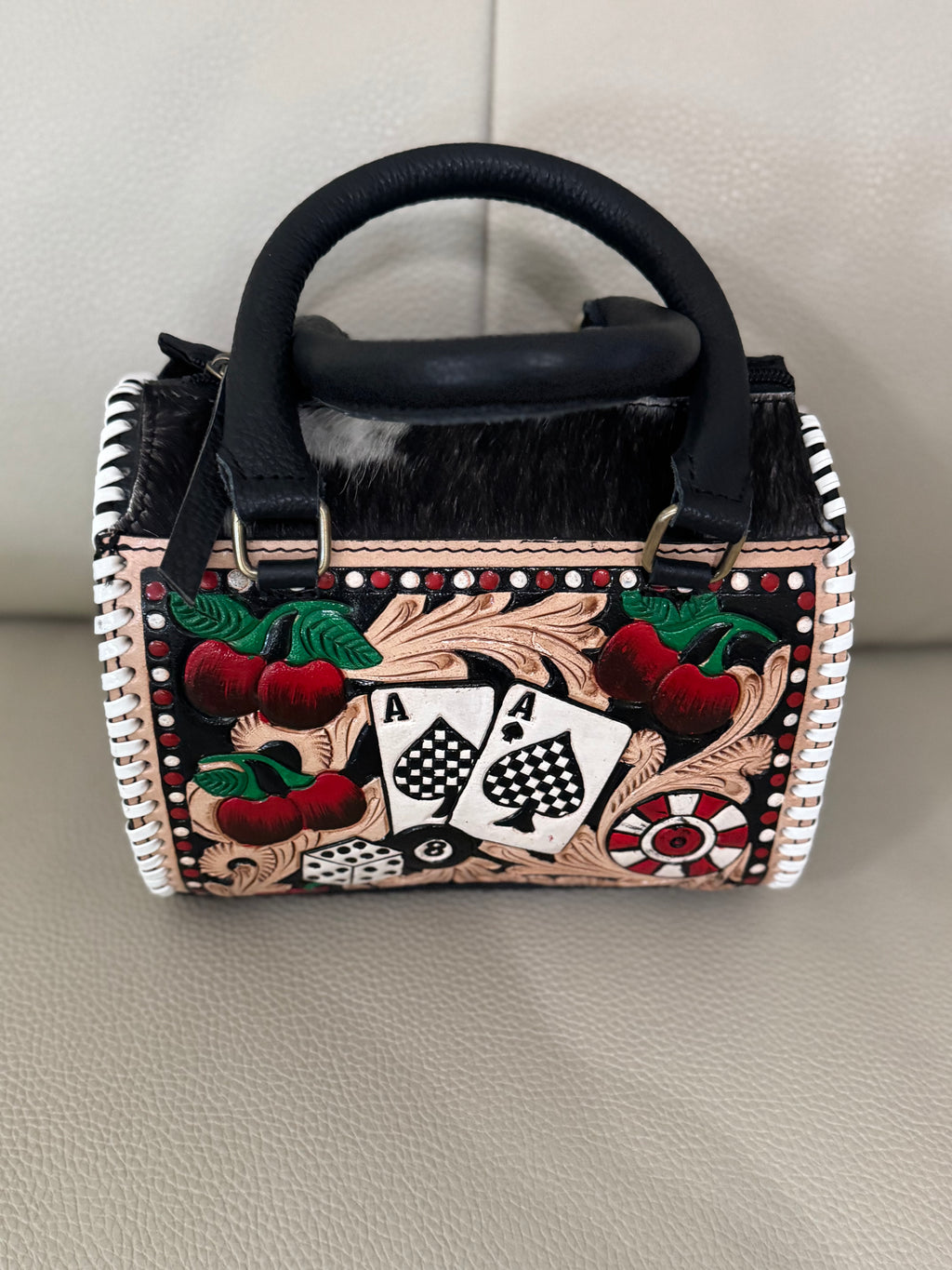 The Cherry Jackpot Bag – Hand-Tooled Cowhide Handbag