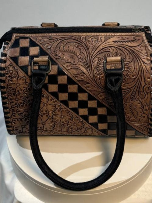 Marquette Tooled Genuine Leather Western Structured Top Handle Handbag for Women