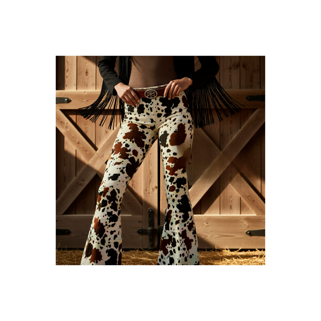 Western Cowhide Print Flare Pants – Cowgirl Boutique Statement Pants
