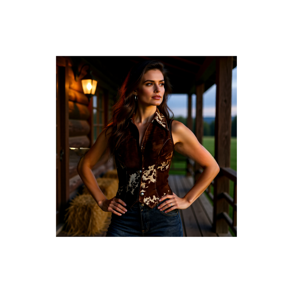 Western Cowhide Print Button-Up Vest | Cowgirl Boutique Top