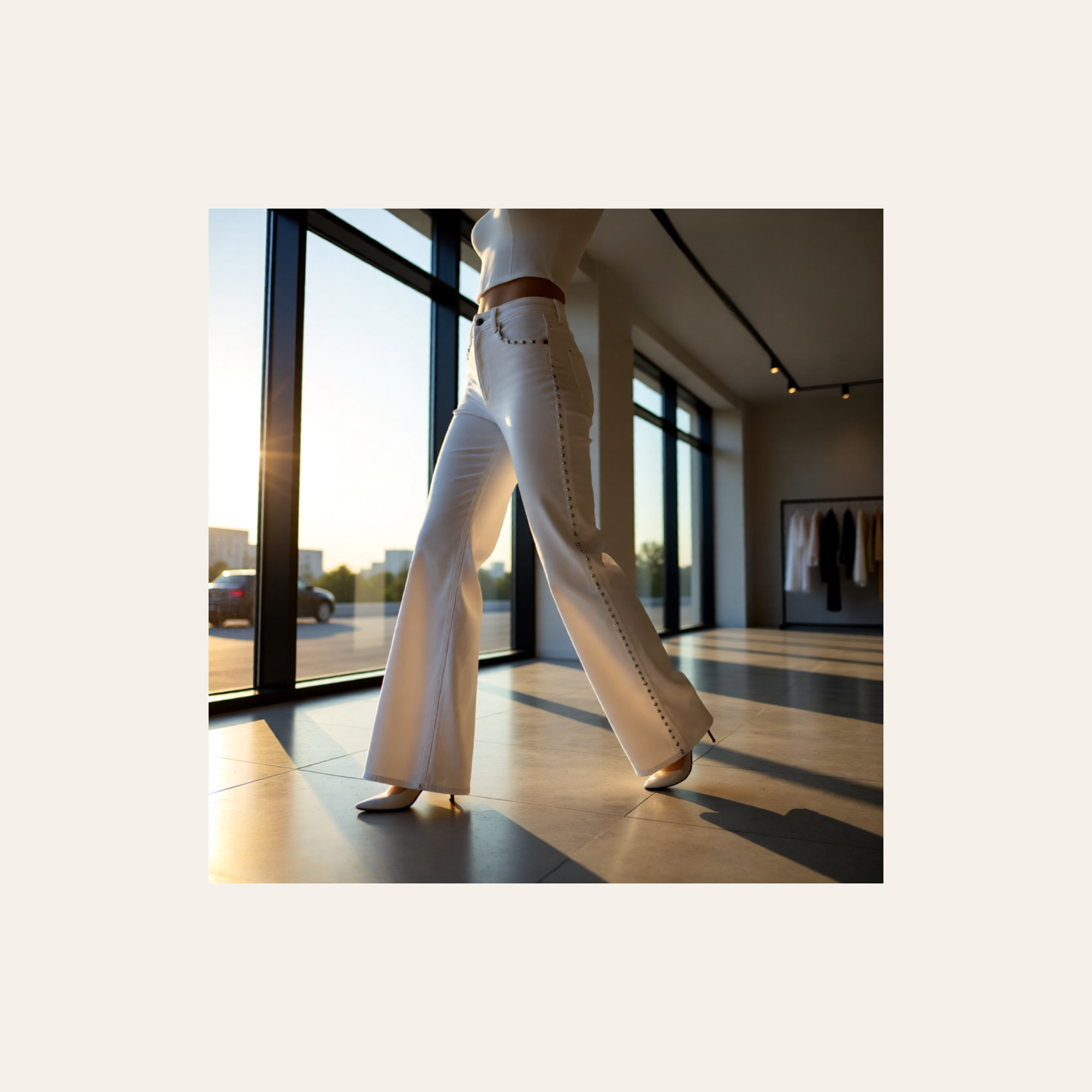 Rodeo Starlight White Studded High-Waist Straight-Leg Denim Jeans