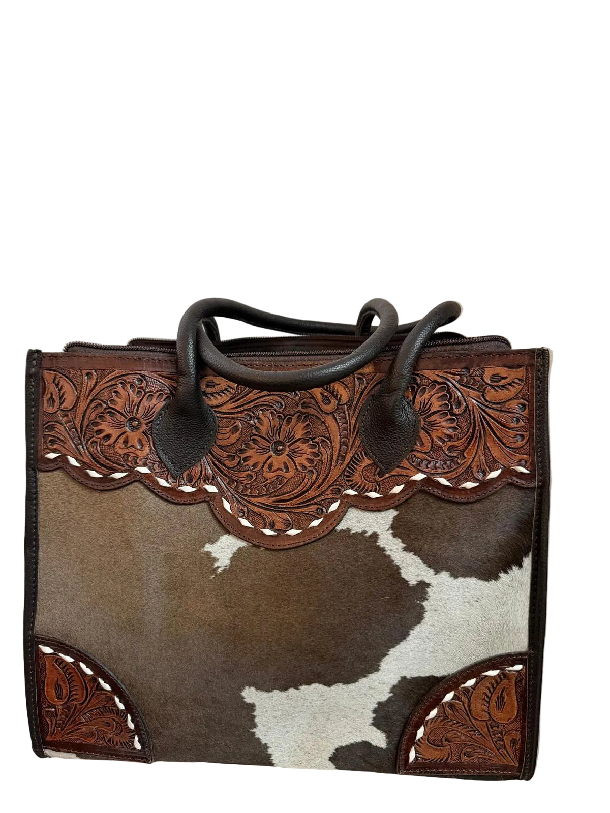 The Oakmont Hide Tote — Floral Tooled Leather & Hair-on-Hide Tote Handbag