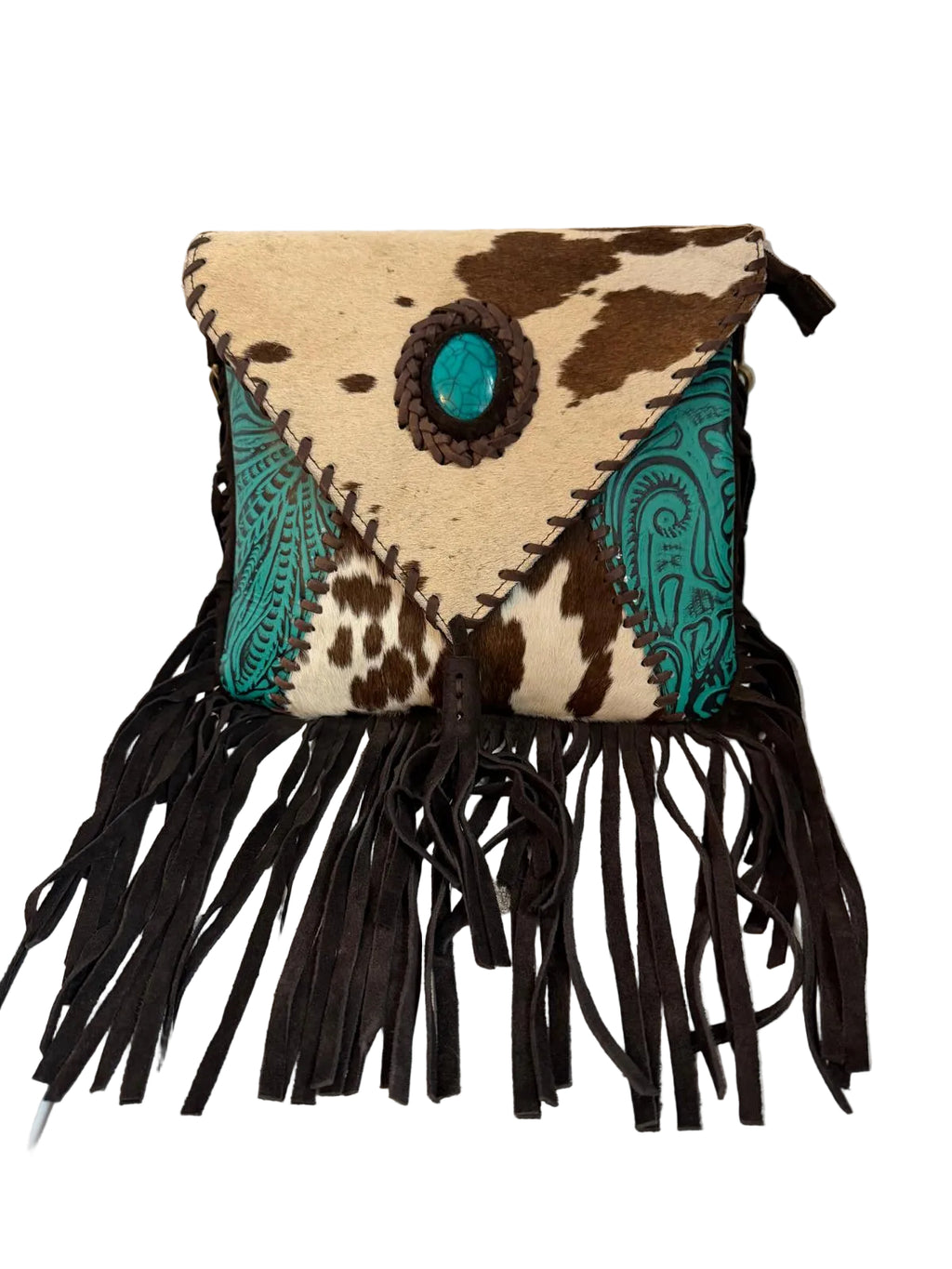 Turquoise Temptation Fringe Crossbody – Western Tooled Cowhide Fringe Crossbody Purse