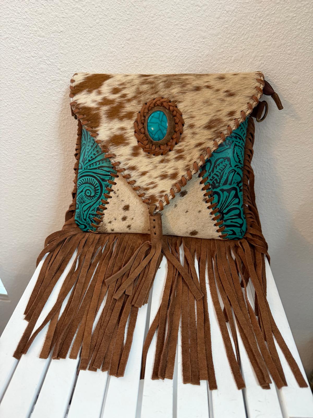 Turquoise Temptation Fringe Crossbody – Western Tooled Cowhide Fringe Crossbody Purse