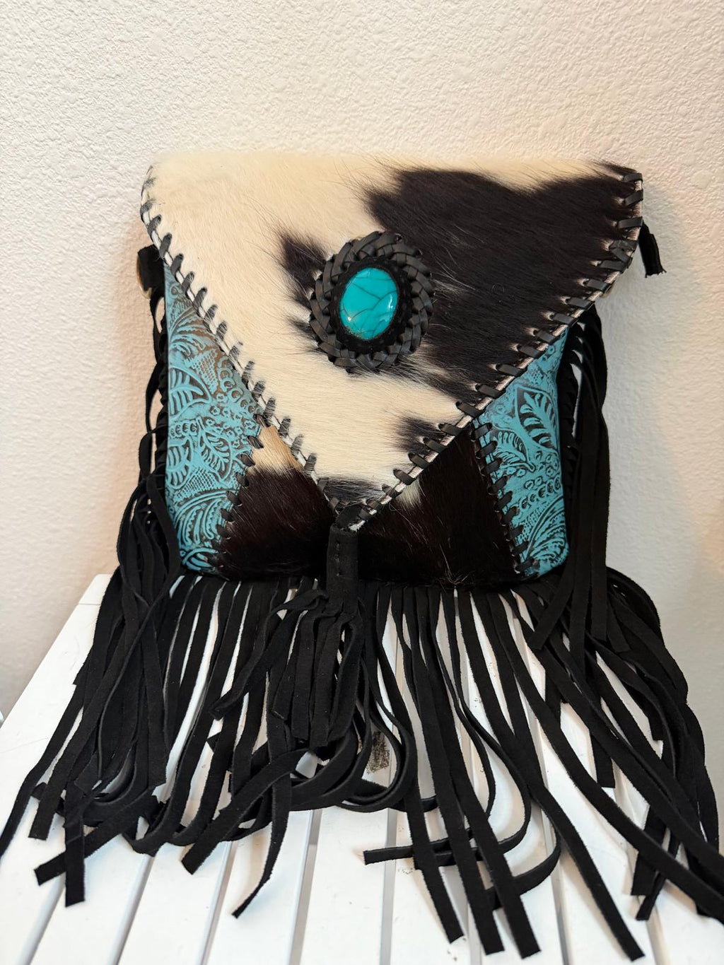 Turquoise Temptation Fringe Crossbody – Western Tooled Cowhide Fringe Crossbody Purse
