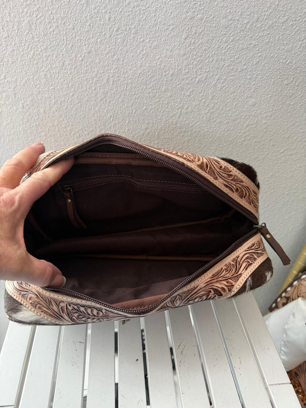 Saddlewood Traveler Western Cowhide Toiletry Bag – Floral Leather Travel Organizer & Dopp Kit