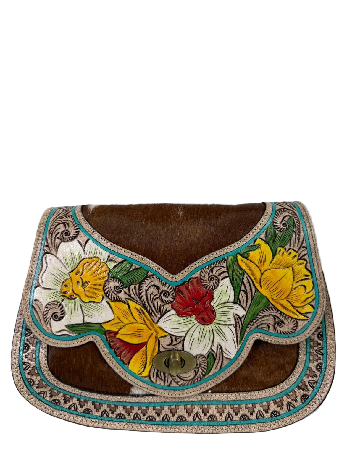 Desert Daffodil Collection – Floral Tooled Hair-on-Hide Western Handbag