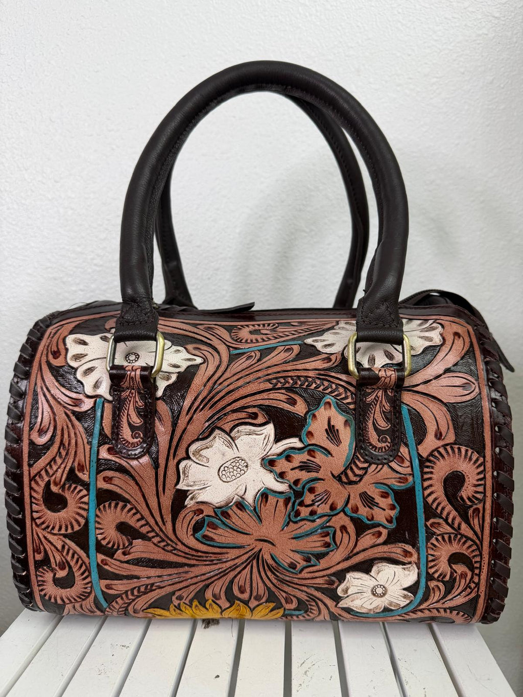 White Wildflower Collection – Floral Tooled Western Speedy Handbag
