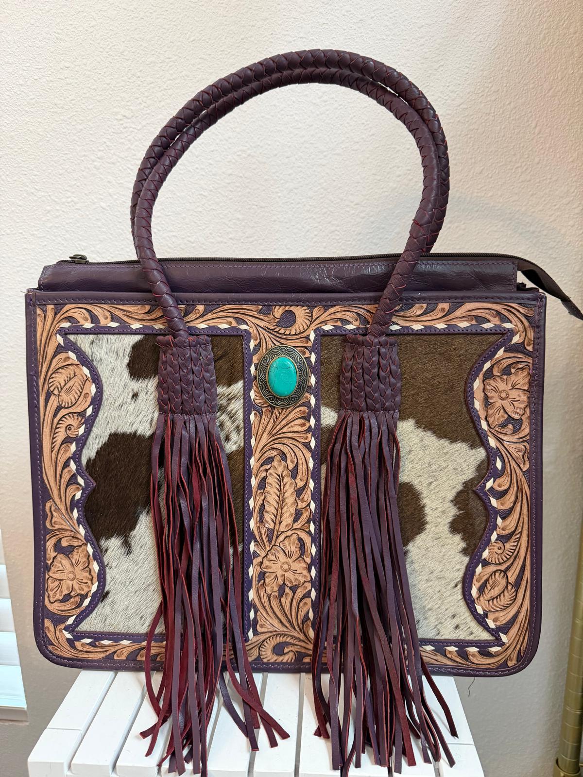 Scarlet Rodeo Hand-Tooled Leather & Cowhide Fringe Tote Bag