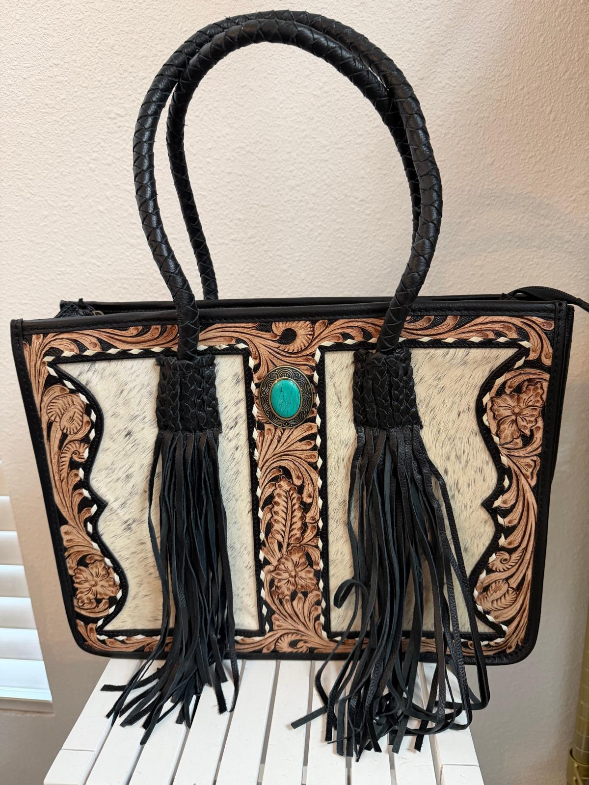 Scarlet Rodeo Hand-Tooled Leather & Cowhide Fringe Tote Bag
