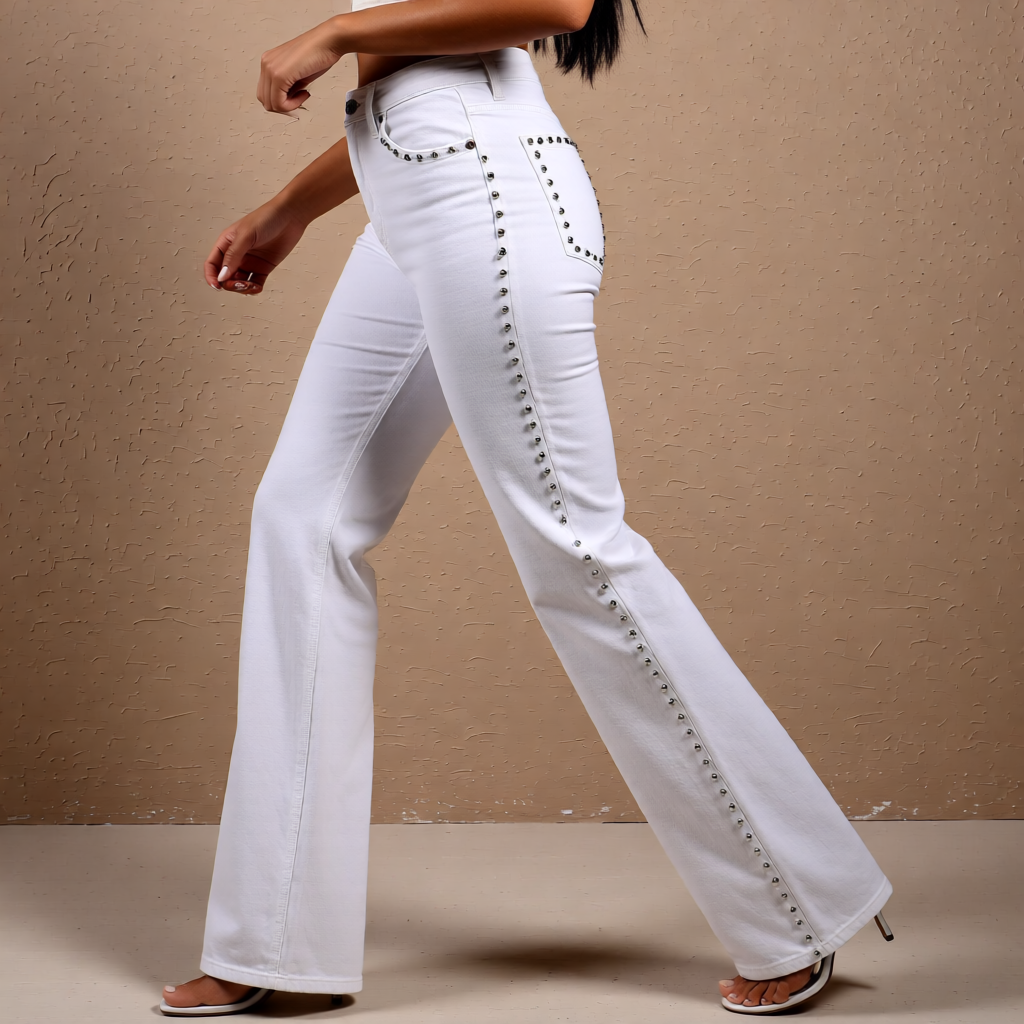 Rodeo Starlight White Studded High-Waist Straight-Leg Denim Jeans