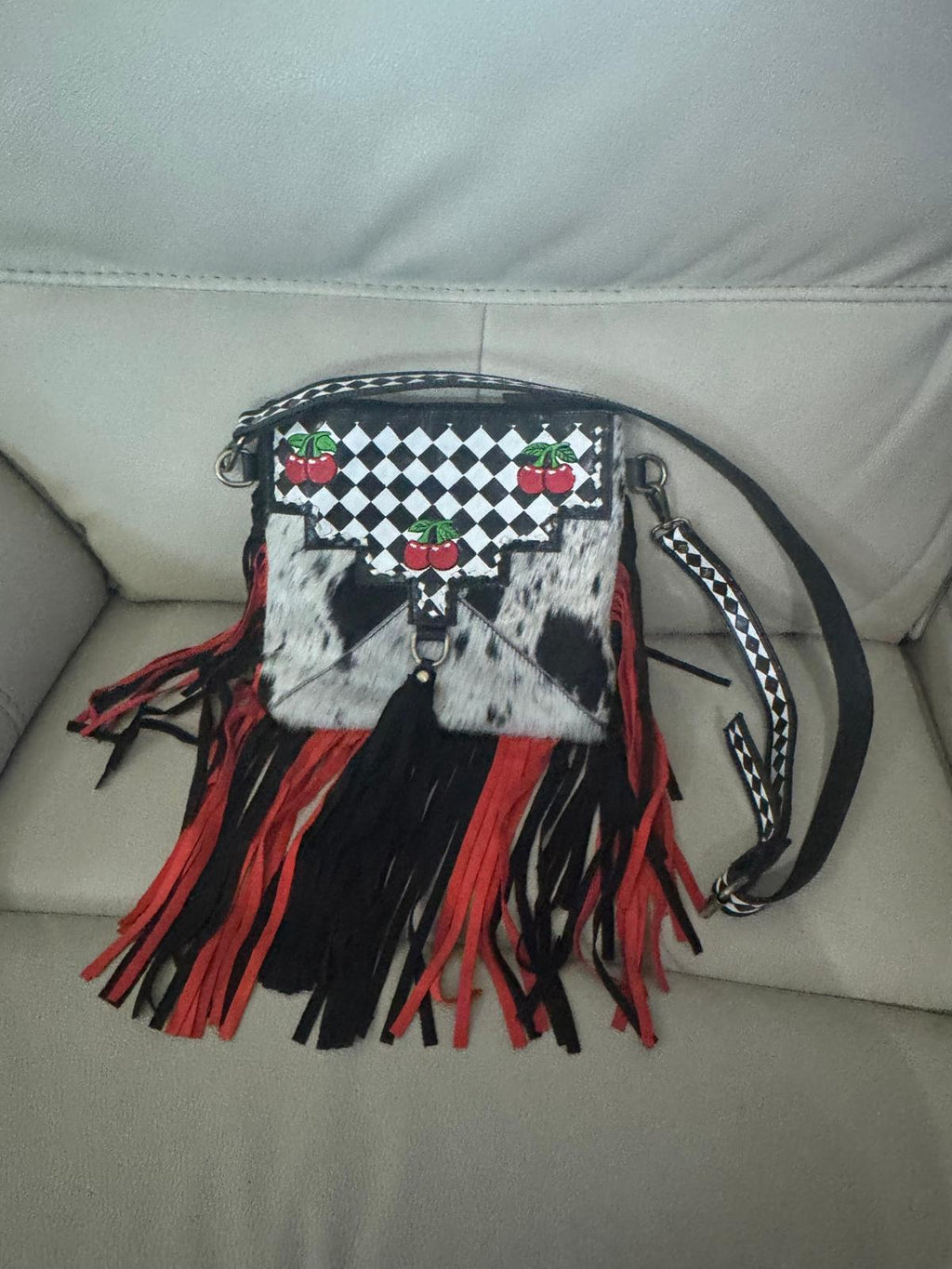 Cherry Diamond Hide & Hand-Painted Fringe Crossbody