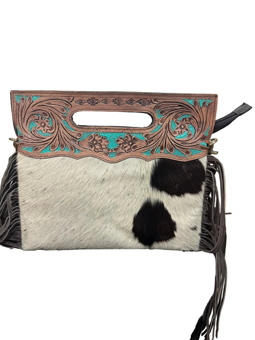 The Turquoise Temptress – Cowhide & Tooled Leather Fringe Bag