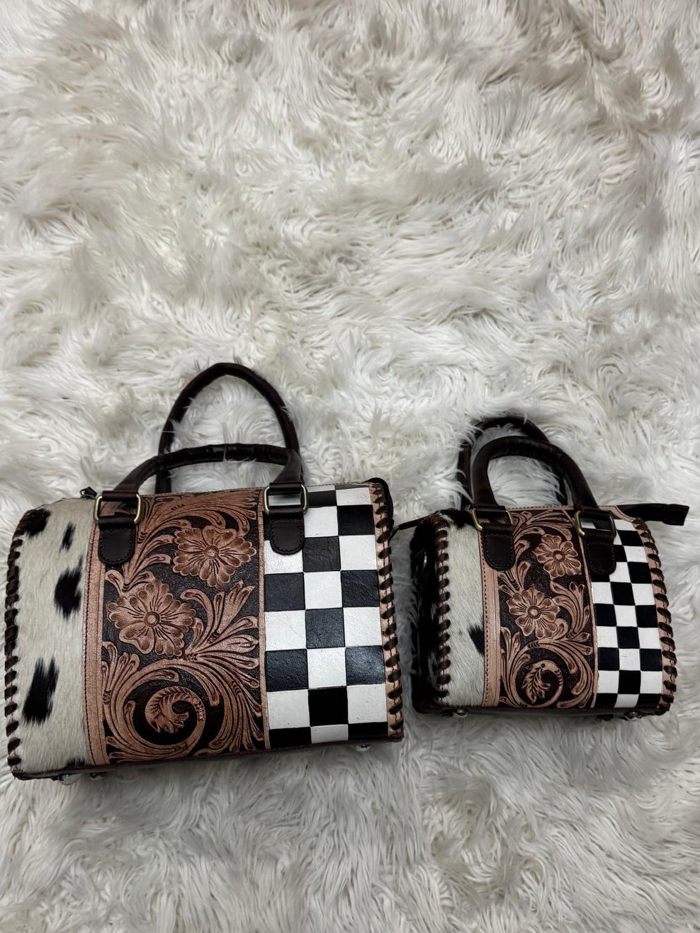 The Painted Desert Darling – Tooled Leather, Cowhide & Checkered Handbag