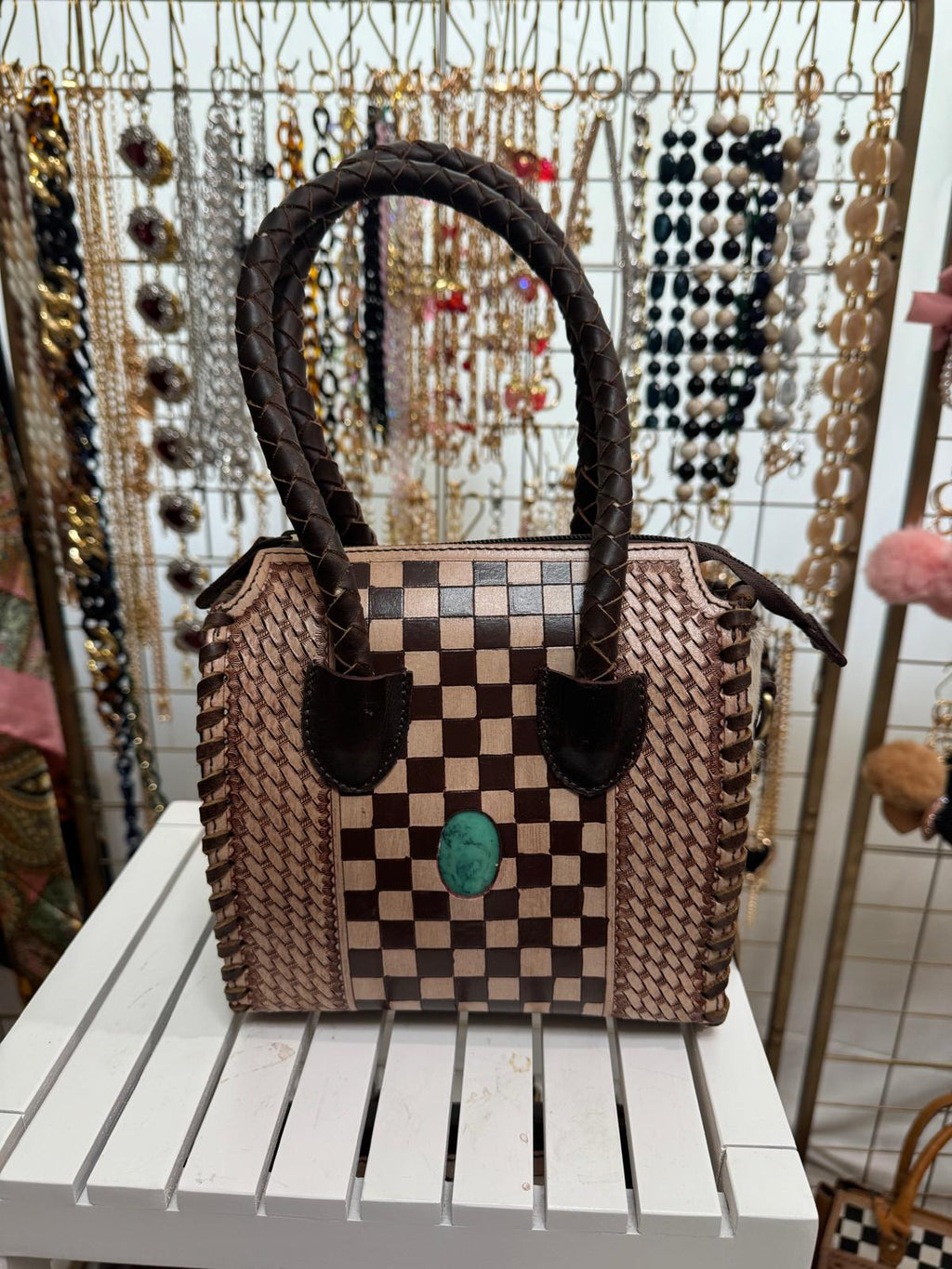 The Santa Fe Checkmate – Hand Painted Leather & Turquoise Handbag