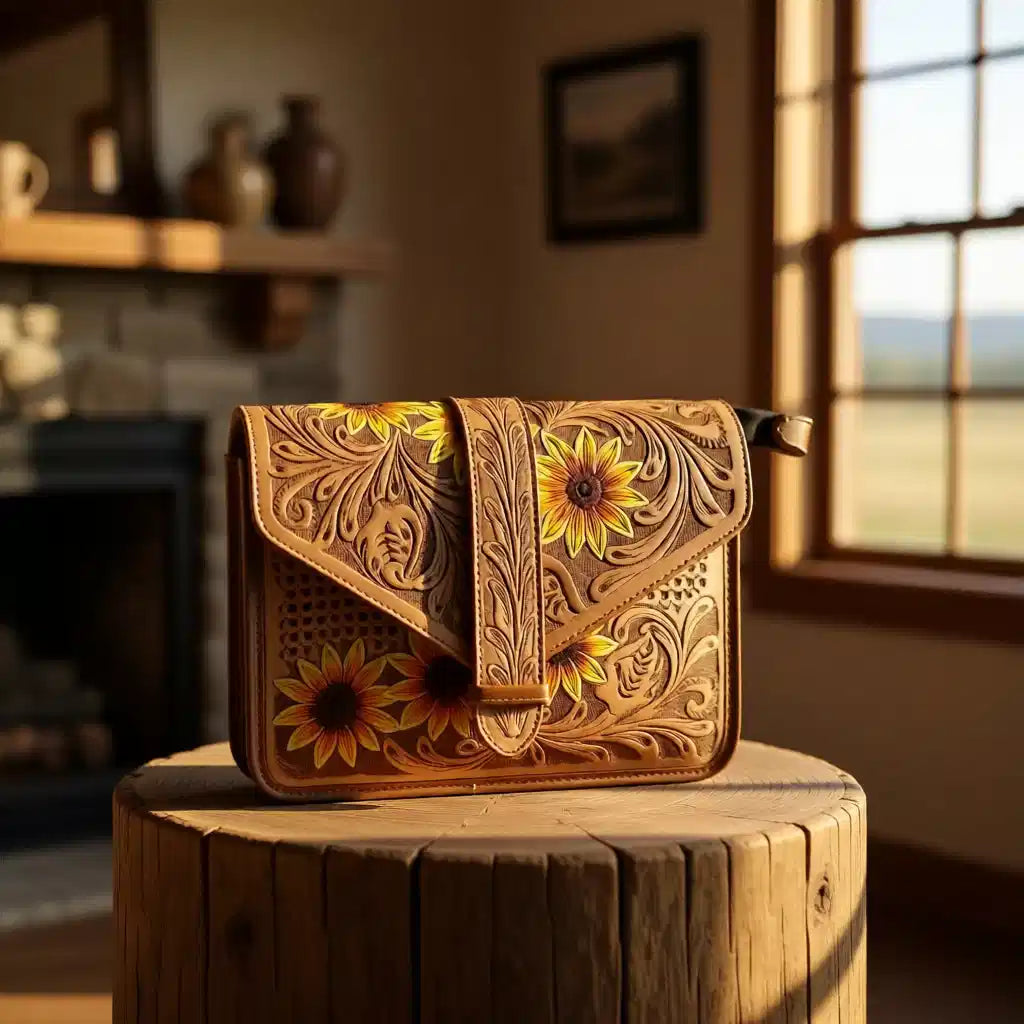 Sunshine Prairie Genuine Leather Tooled Clutch Crossbody Handbag