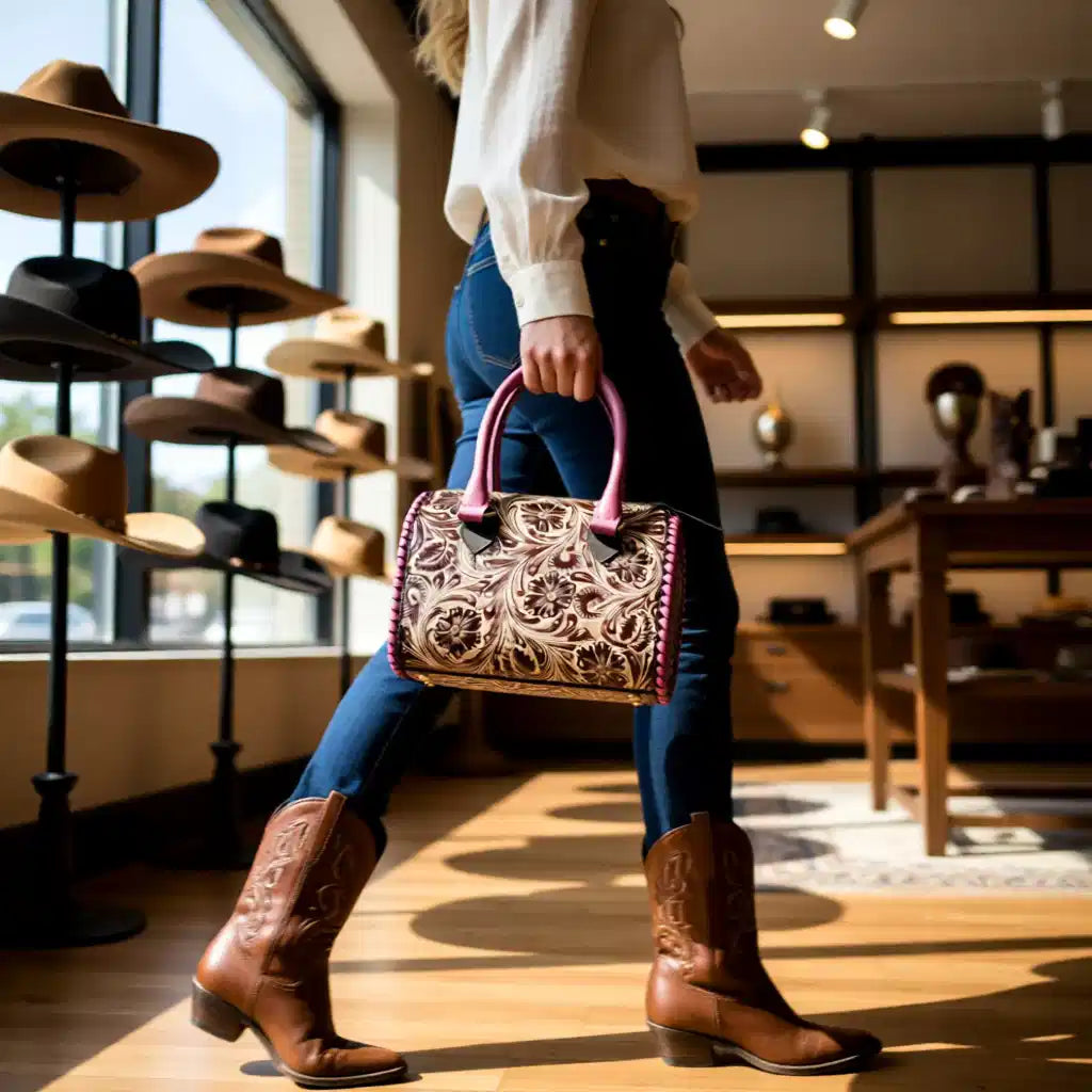 Chocolate Rose Genuine Leather Tooled Speedy Bag
