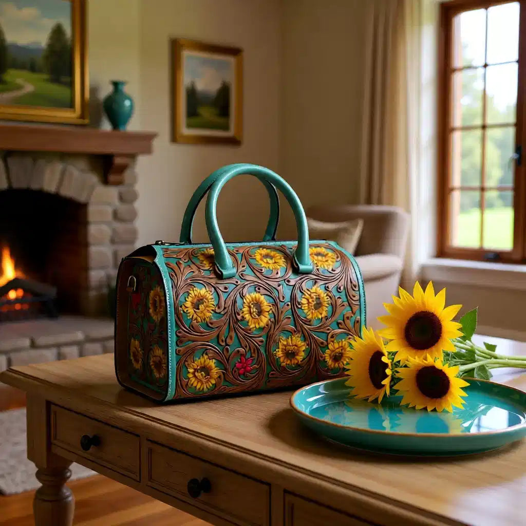 Turquoise Sunburst Hand-Tooled Leather Speedy Bag