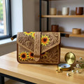 Sunshine Prairie Genuine Leather Tooled Clutch Crossbody Handbag