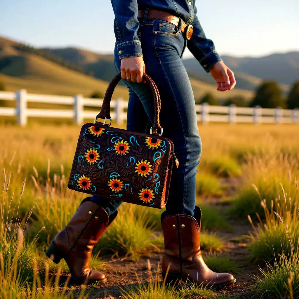 Western Sunshine Satchel – Genuine Leather Tooled Western Handbag with Sunflowers & Turquoise Accents