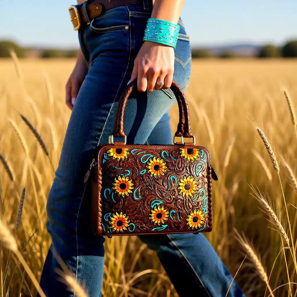 Western Sunshine Satchel – Genuine Leather Tooled Western Handbag with Sunflowers & Turquoise Accents