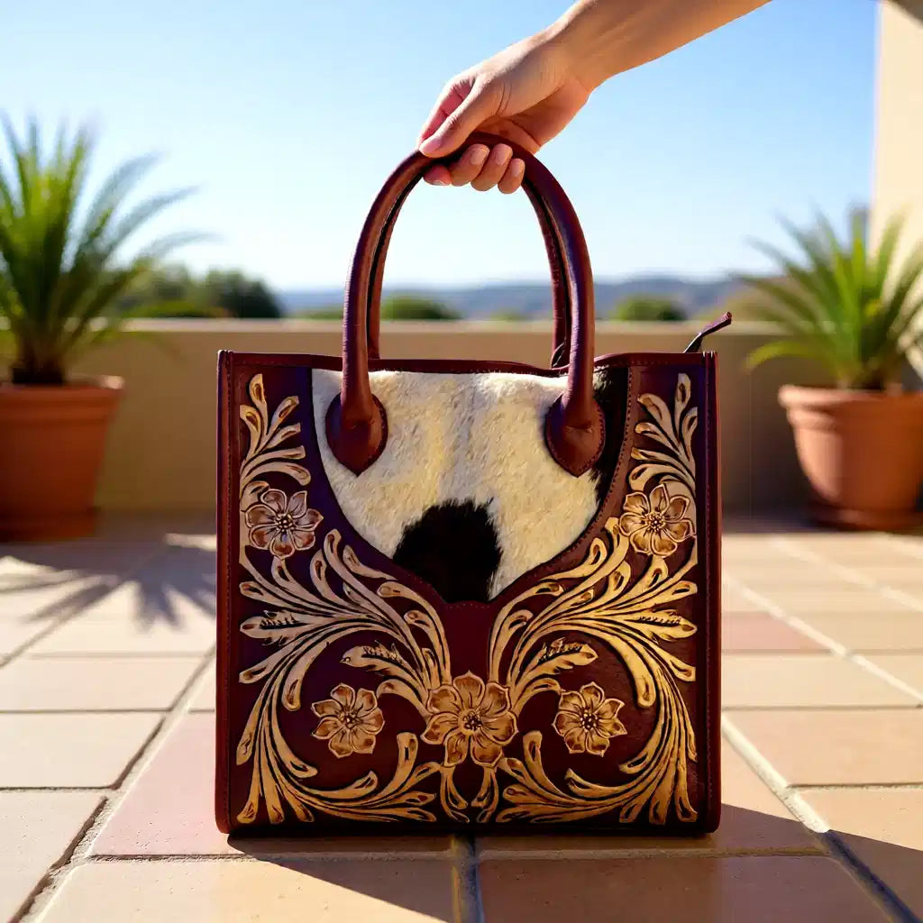 J  Rose Collection Cowhide & Floral Tooled Leather Tote Bag