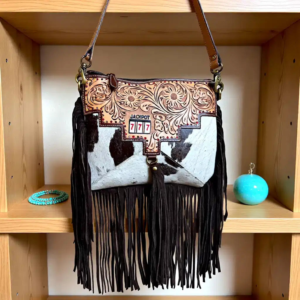 Lucky Seven Fringe Crossbody Bag – Tooled Leather & Hair-on-Hide